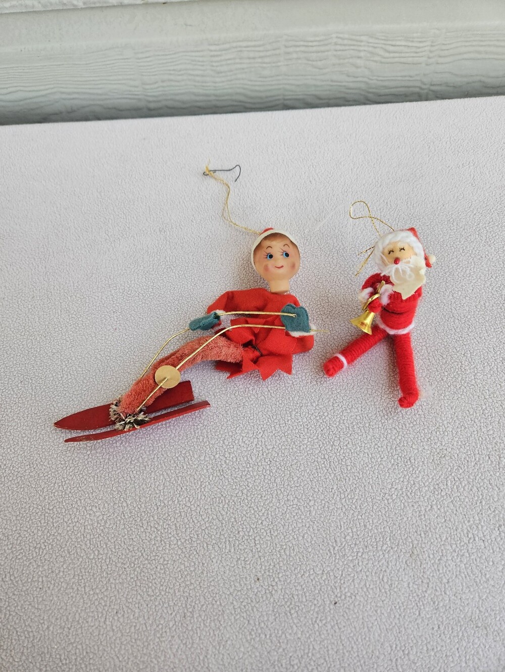 VTG Christmas Elf Skier Ornament Pixie MCM Kitsch Santa Horn Yarn 1950's Xmas